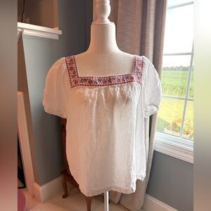 Boden White Top with Pink Embroidery